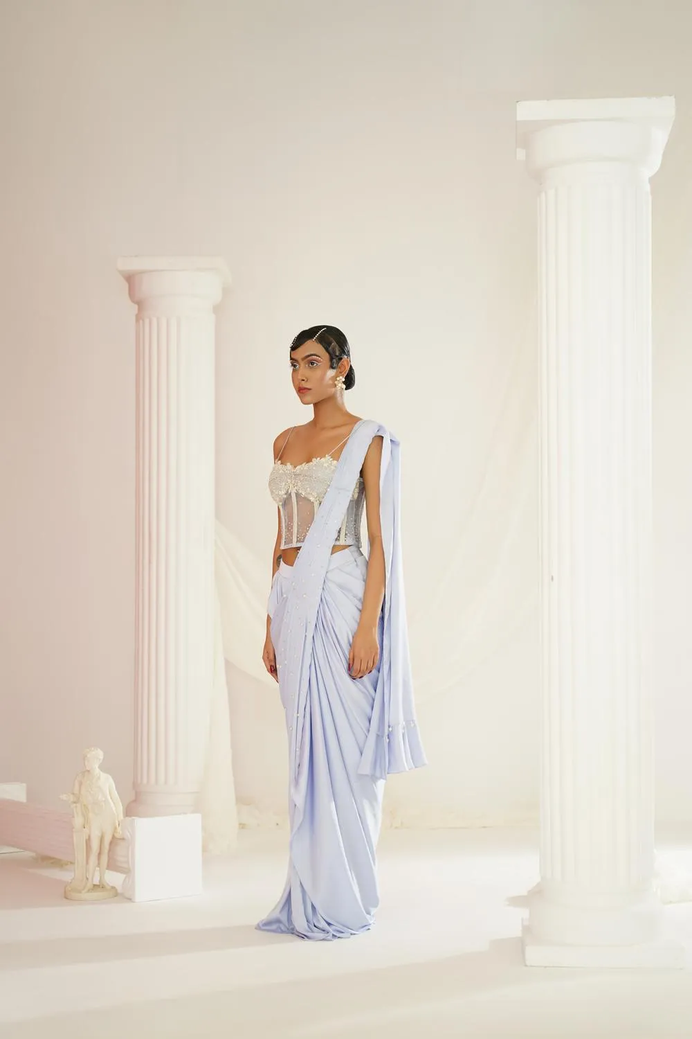 Powder Blue Embroidered Corset Blouse With  Ready To Wear Drape Saree Set
