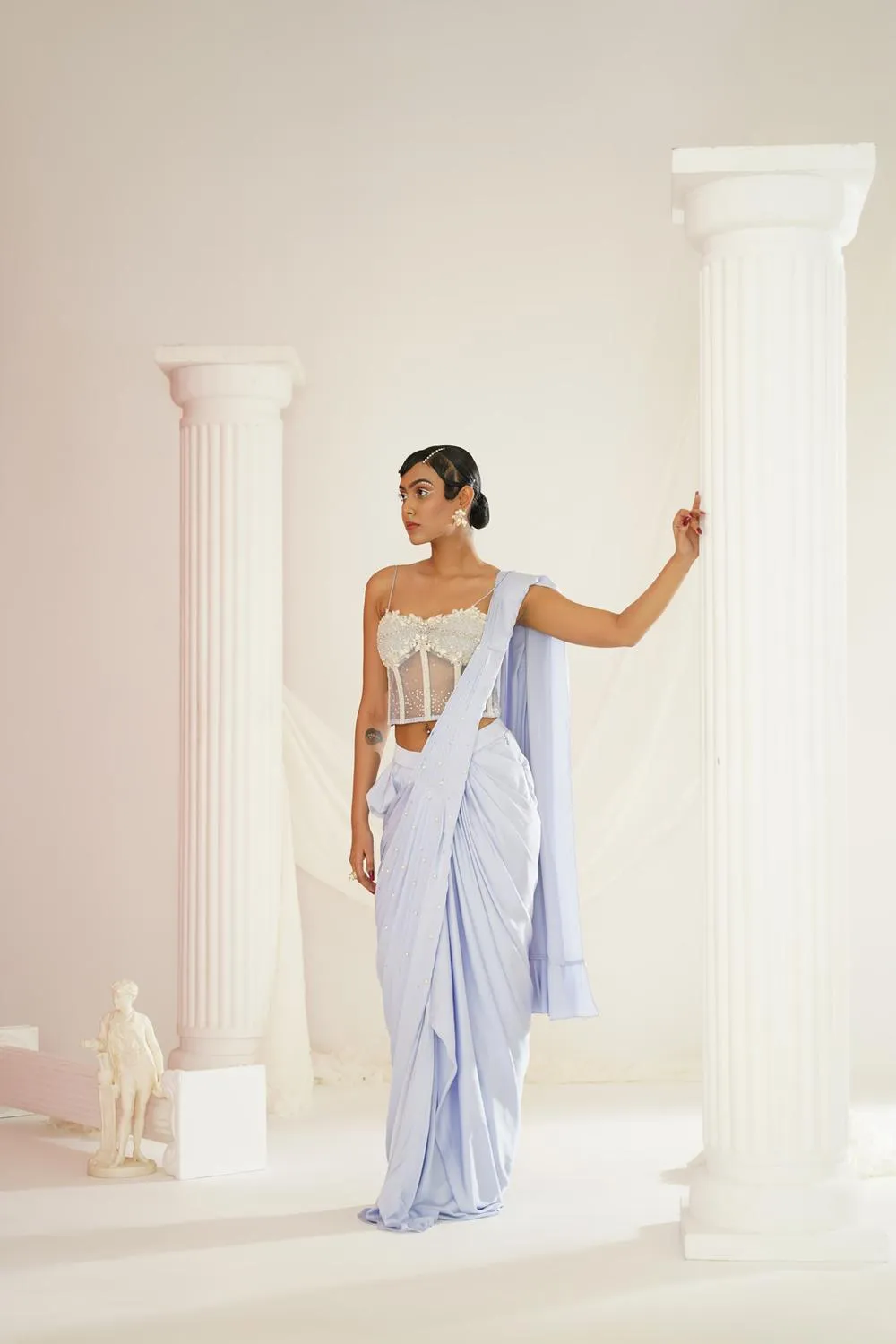 Powder Blue Embroidered Corset Blouse With  Ready To Wear Drape Saree Set