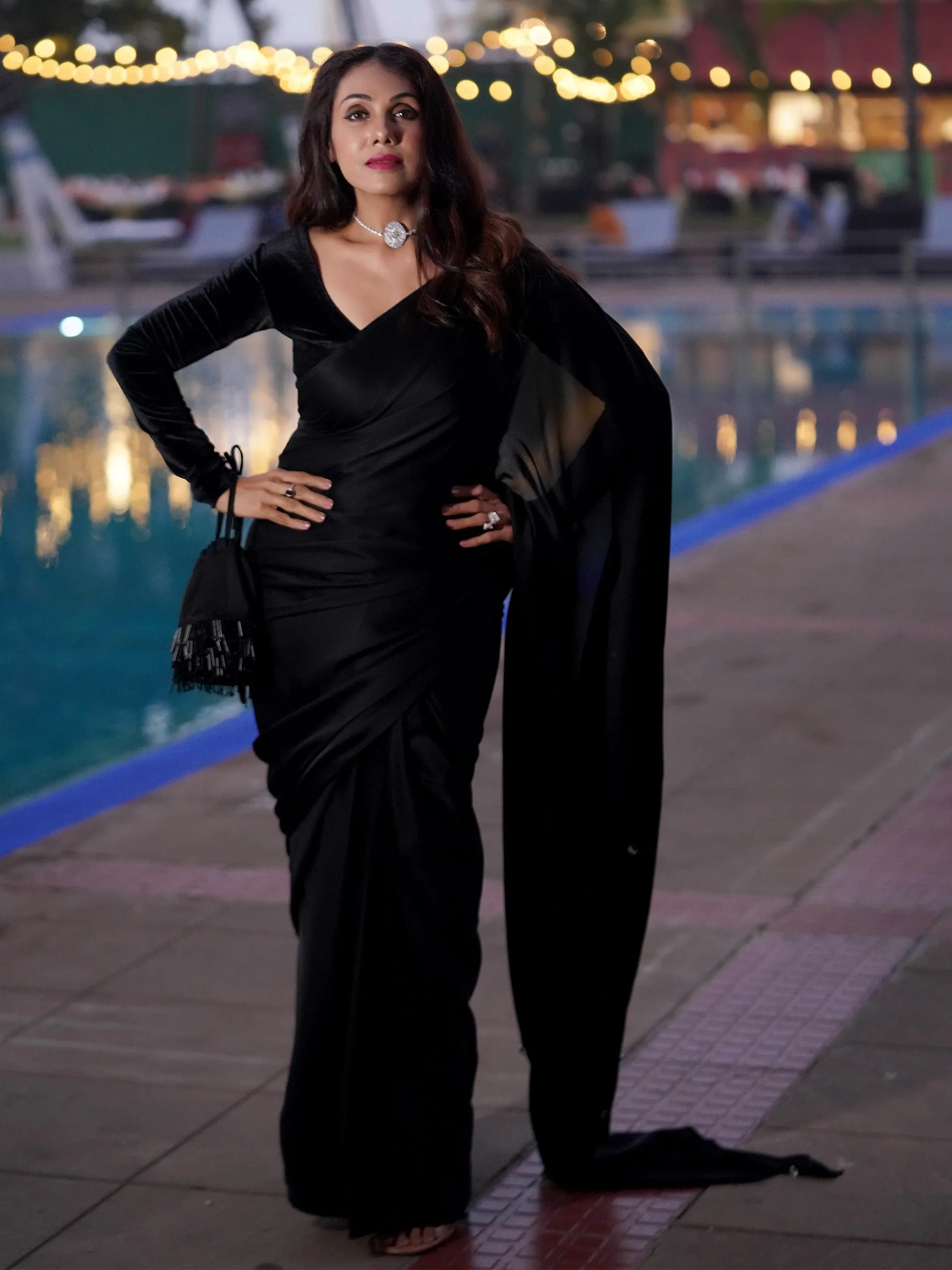 Pre-Draped 1-Minute Black Satin Saree with Big diamonds  and Blouse Fabric