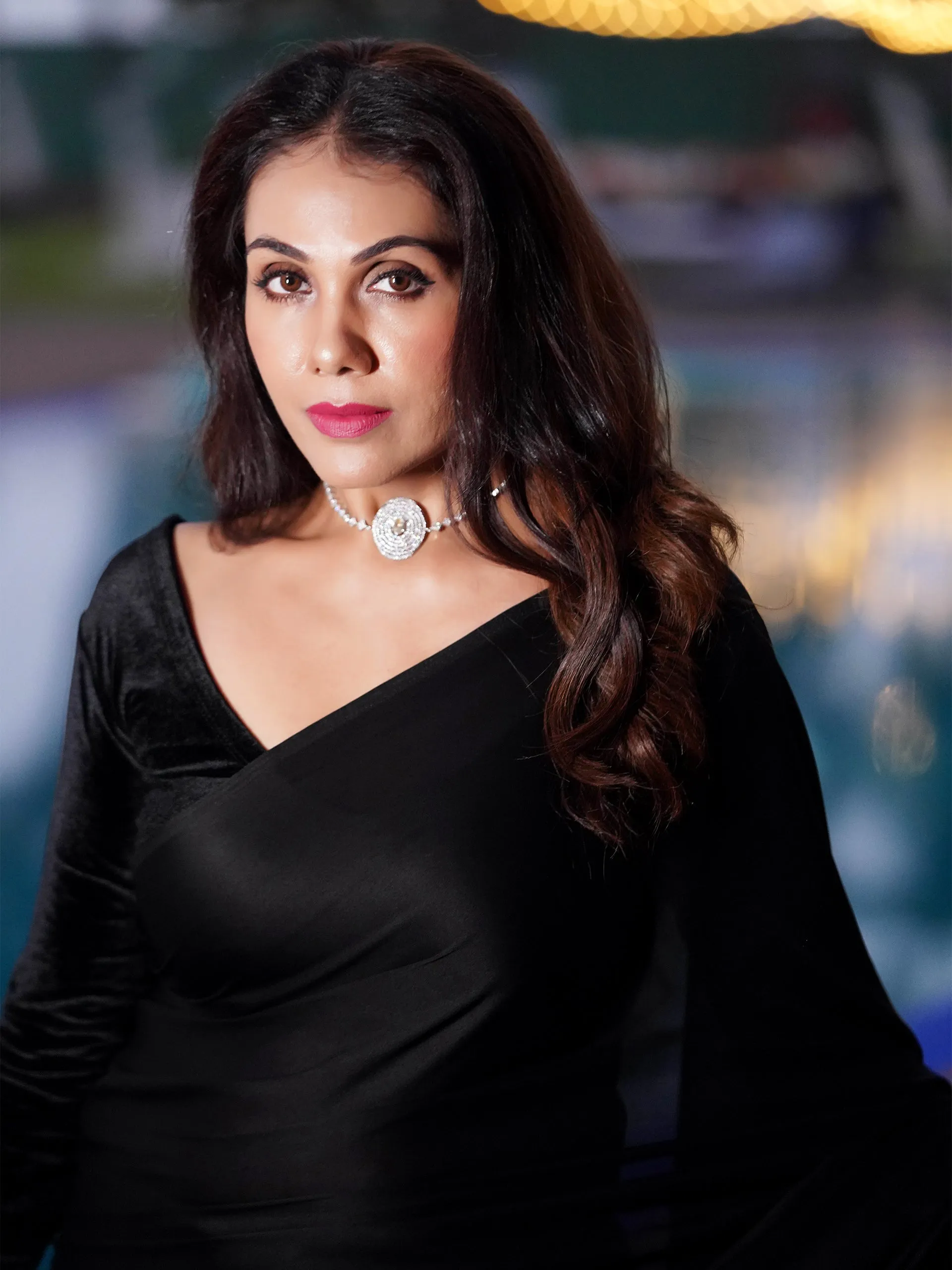 Pre-Draped 1-Minute Black Satin Saree with Big diamonds  and Blouse Fabric