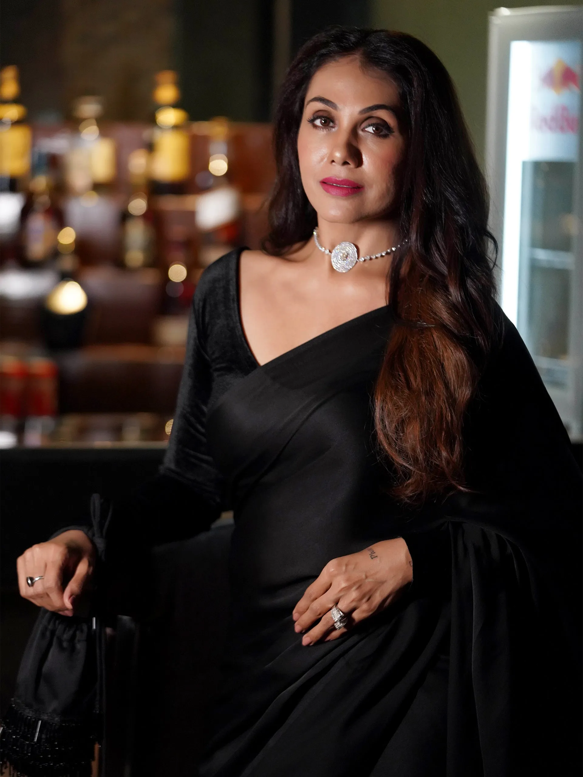 Pre-Draped 1-Minute Black Satin Saree with Big diamonds  and Blouse Fabric