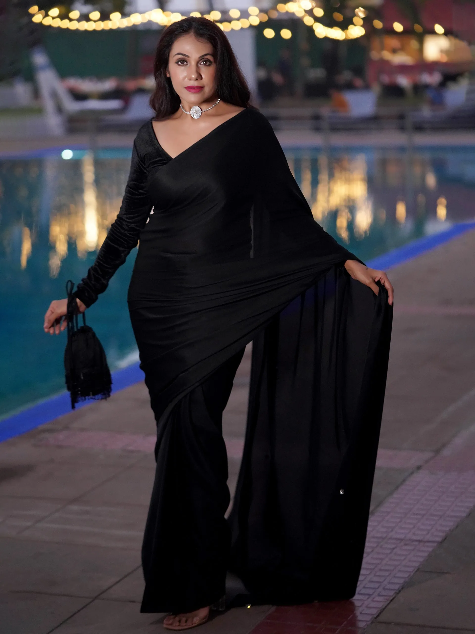 Pre-Draped 1-Minute Black Satin Saree with Big diamonds  and Blouse Fabric