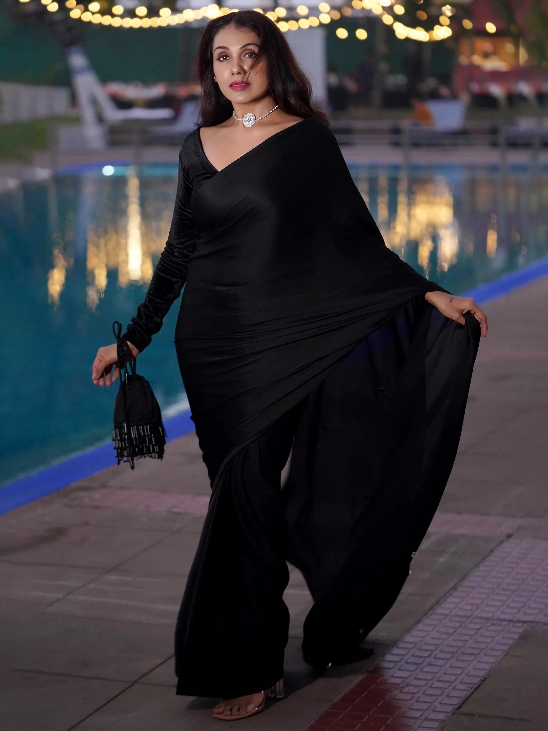 Pre-Draped 1-Minute Black Satin Saree with Big diamonds  and Blouse Fabric