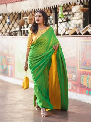 Pre-Draped 1-Minute Enchanting Green Georgette And Yellow Satin Saree with Blouse Fabric