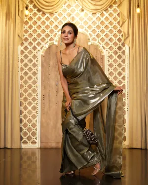 Pre-Draped 1-Minute Liquid Gold Organza Saree with Big Diamonds and Blouse Fabric