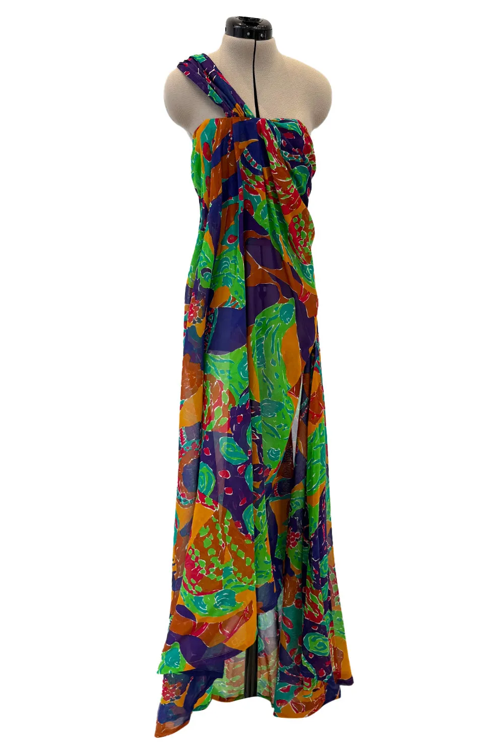 Prettiest Spring 1991 Yves Saint Laurent Runway Printed One Shoulder Easy to Wear Dress