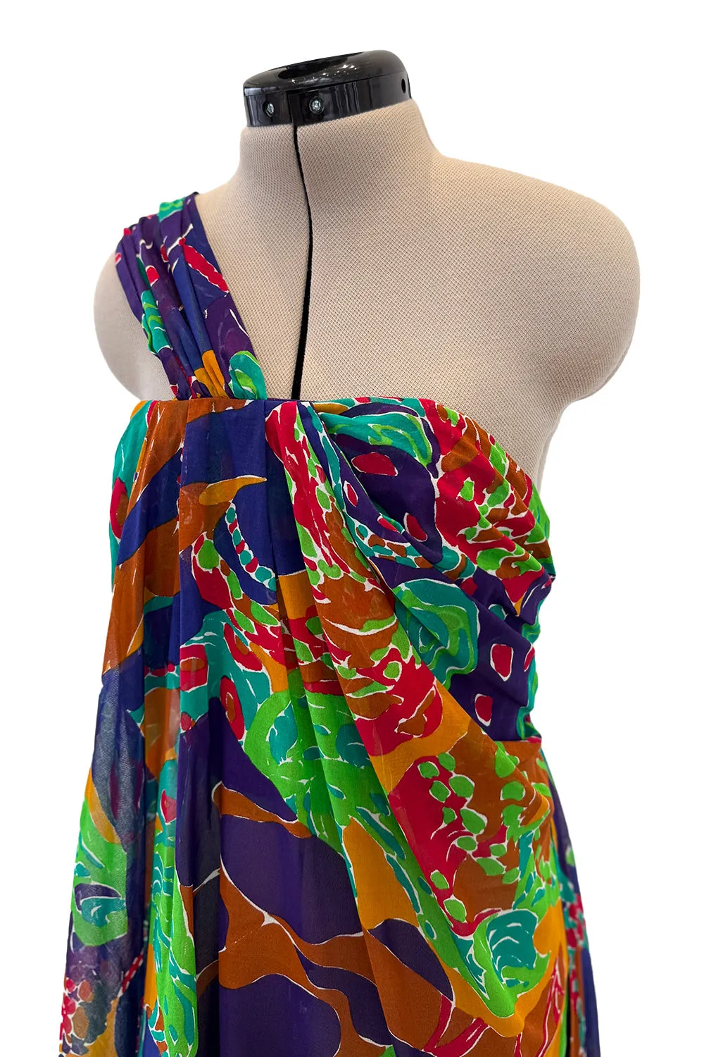 Prettiest Spring 1991 Yves Saint Laurent Runway Printed One Shoulder Easy to Wear Dress