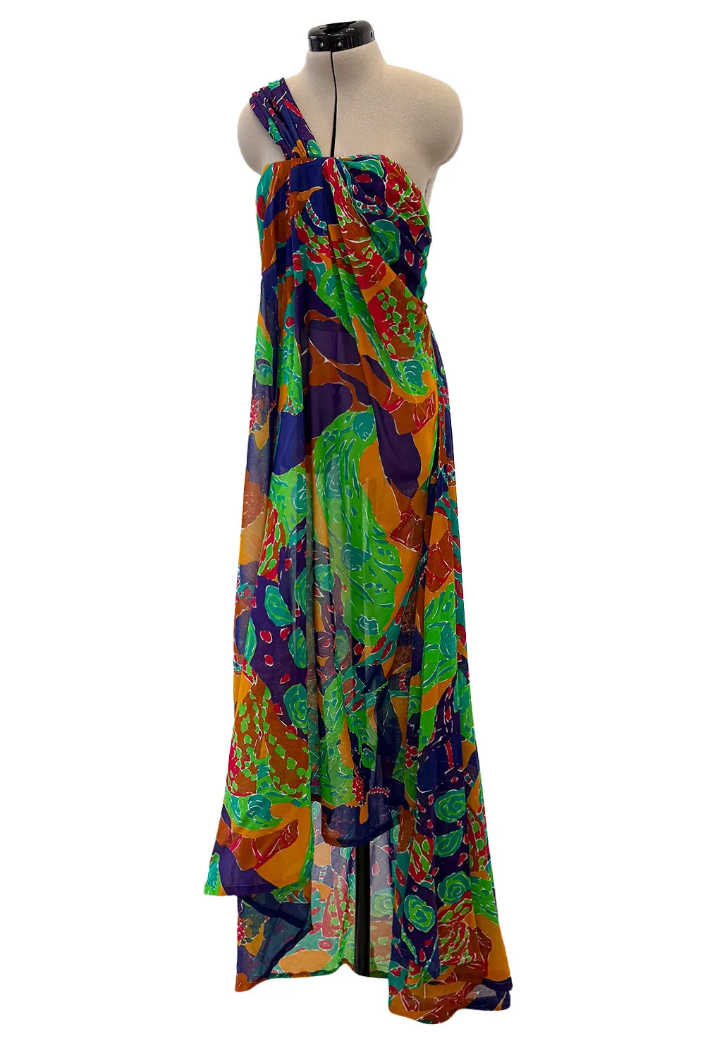 Prettiest Spring 1991 Yves Saint Laurent Runway Printed One Shoulder Easy to Wear Dress