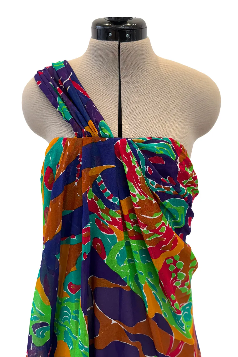 Prettiest Spring 1991 Yves Saint Laurent Runway Printed One Shoulder Easy to Wear Dress