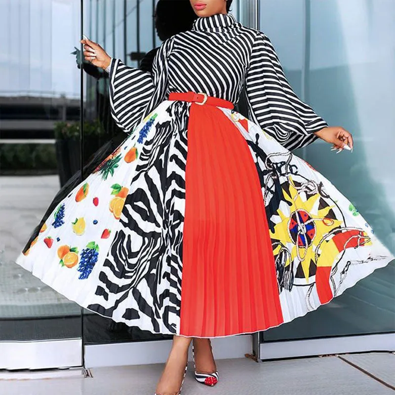 Print Striped Pattern Turtleneck Long Sleeve Pleated Dress