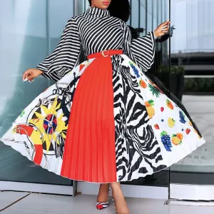 Print Striped Pattern Turtleneck Long Sleeve Pleated Dress