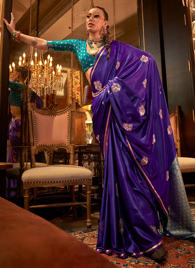 Purple And Turquoise Zari Woven Satin Silk Saree