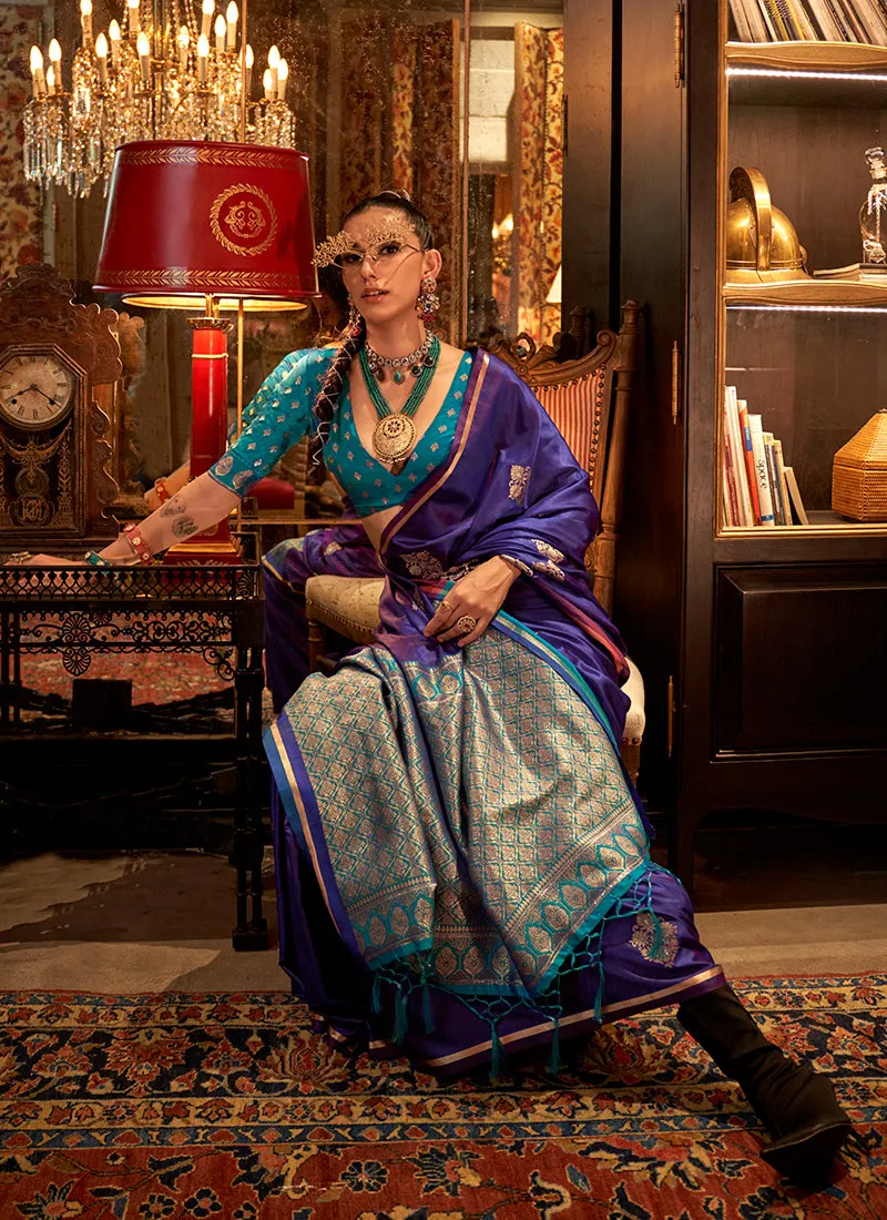 Purple And Turquoise Zari Woven Satin Silk Saree