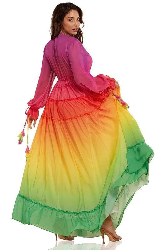 Rainbow Tassel Detailing Pleated Maxi Dress