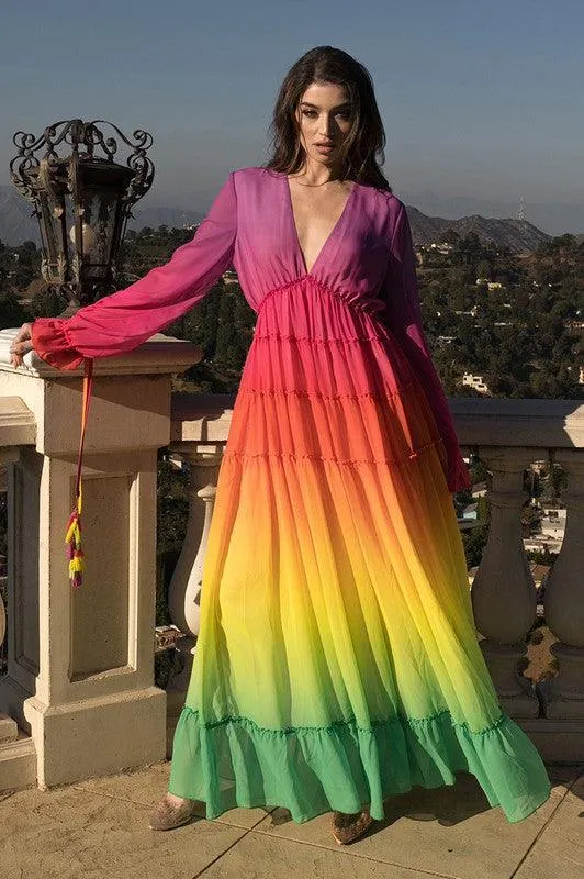 Rainbow Tassel Detailing Pleated Maxi Dress