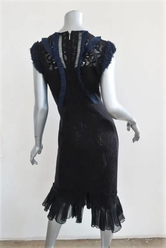 Rebecca Taylor Dress Vien Black Lace Size 2 Pleated-Trim Sleeveless Midi