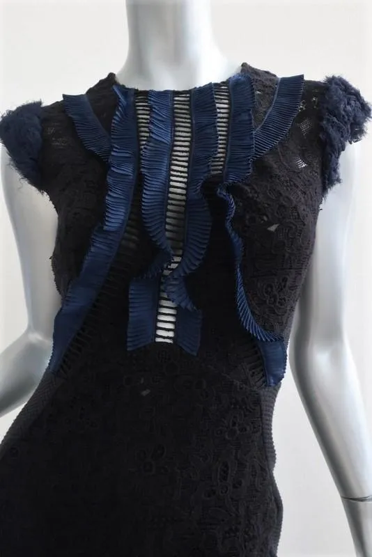 Rebecca Taylor Dress Vien Black Lace Size 2 Pleated-Trim Sleeveless Midi