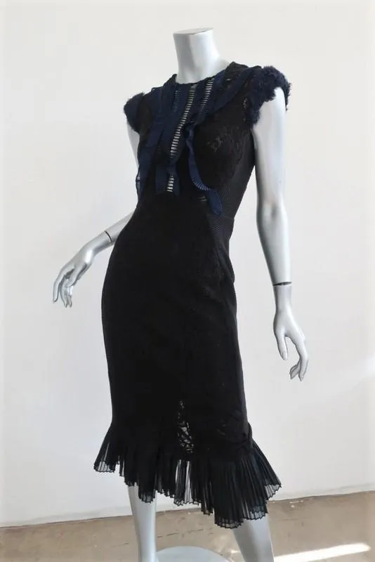 Rebecca Taylor Dress Vien Black Lace Size 2 Pleated-Trim Sleeveless Midi