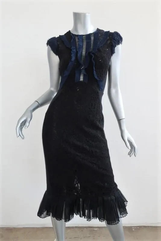 Rebecca Taylor Dress Vien Black Lace Size 2 Pleated-Trim Sleeveless Midi