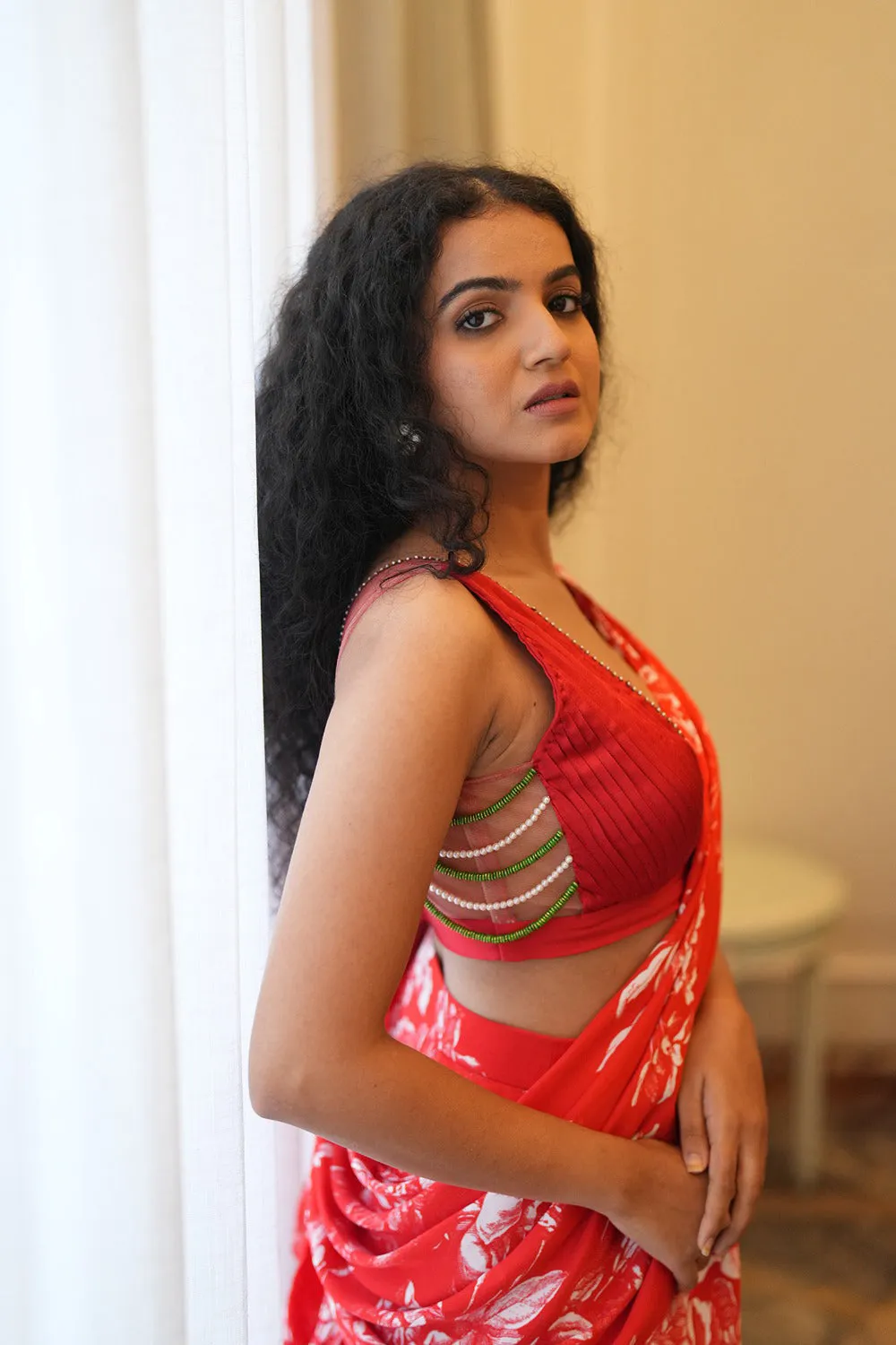 Red Cotton Satin Pre-Stitched Saree Set