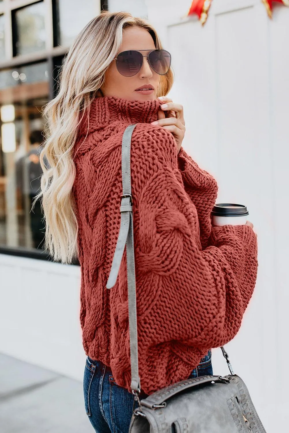Red Cuddle Weather Cable Knit Handmade Turtleneck Sweater