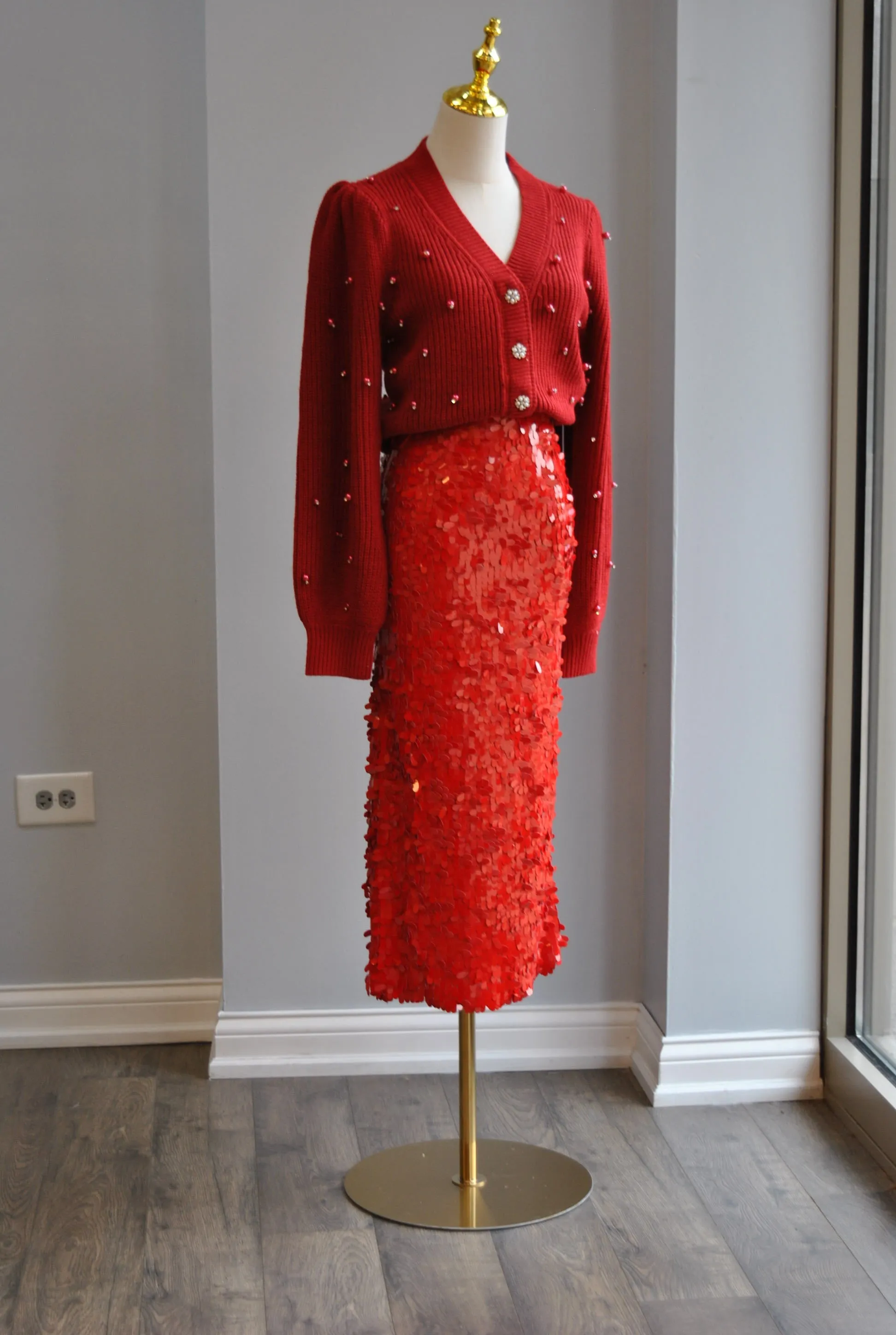 RED SEQUIN MIDI SKIRT