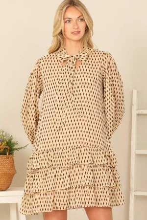 RIBBON NECK LONG PUFF SLEEVE RUFFLE LAYERED HEM PRINTED DRESS