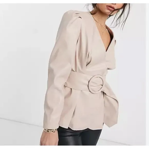 River Island faux leather belted peplum top in pink sz 6