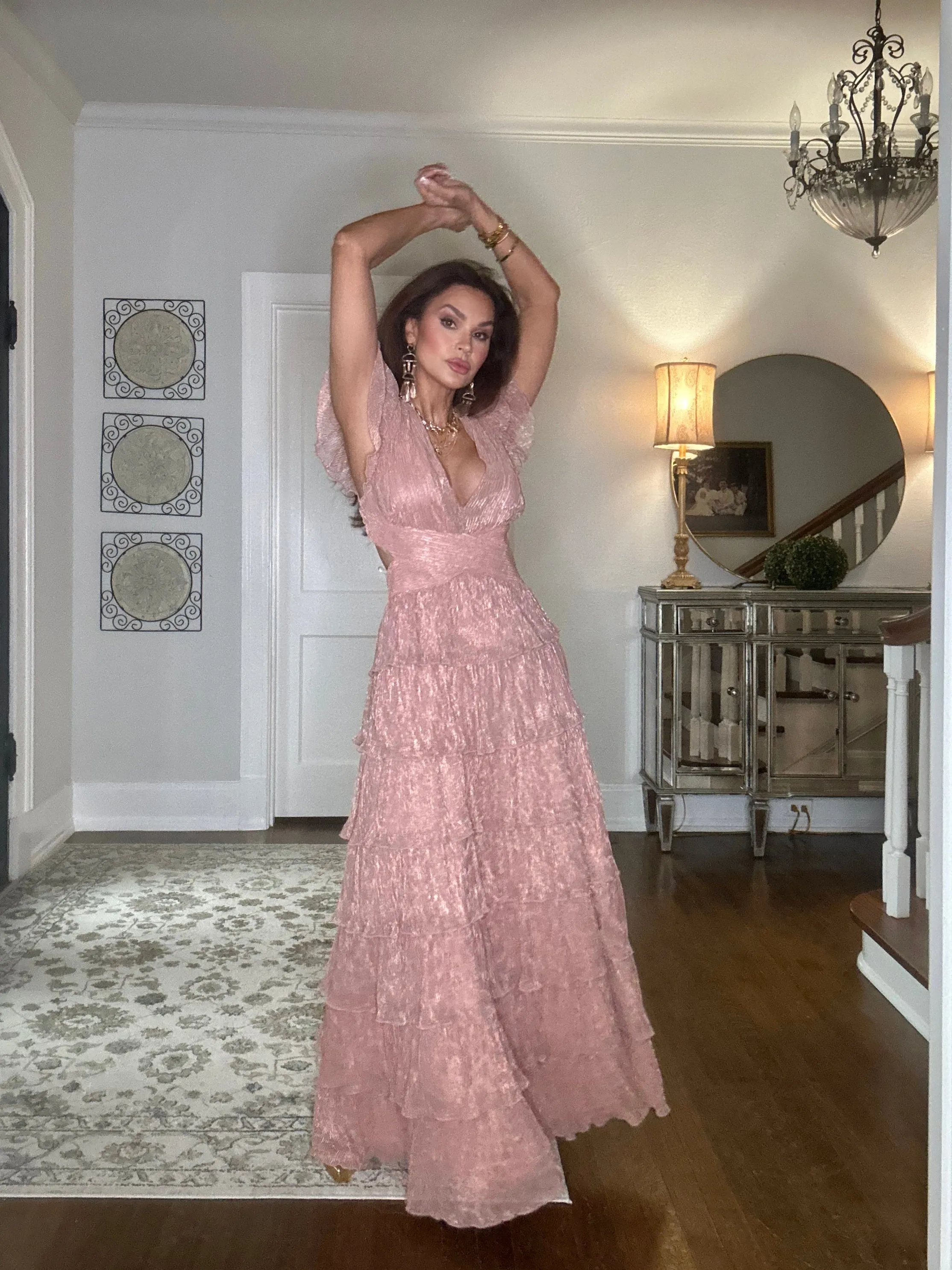 Rosalie Dusty Rose Lurex Pleated Tiered Maxi Dress