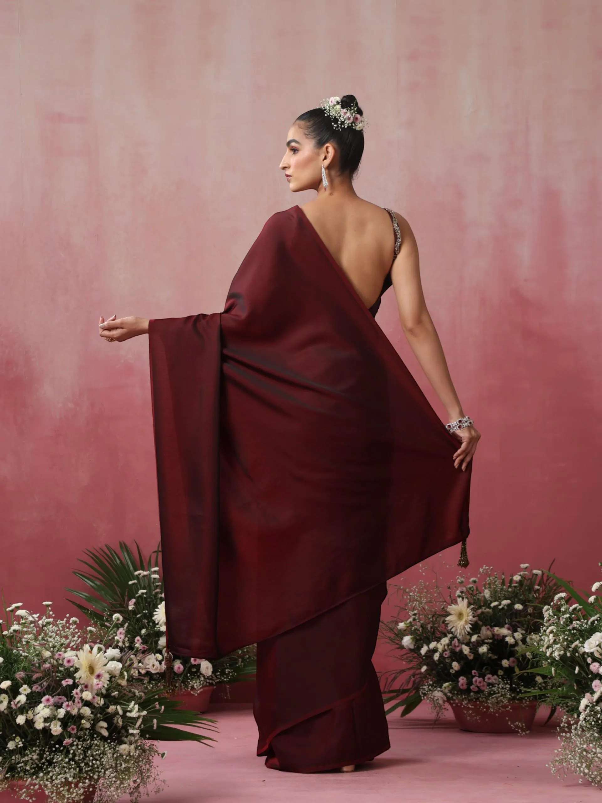 Rosewood Satin Saree with Hand Embroidery Blouse Fabric