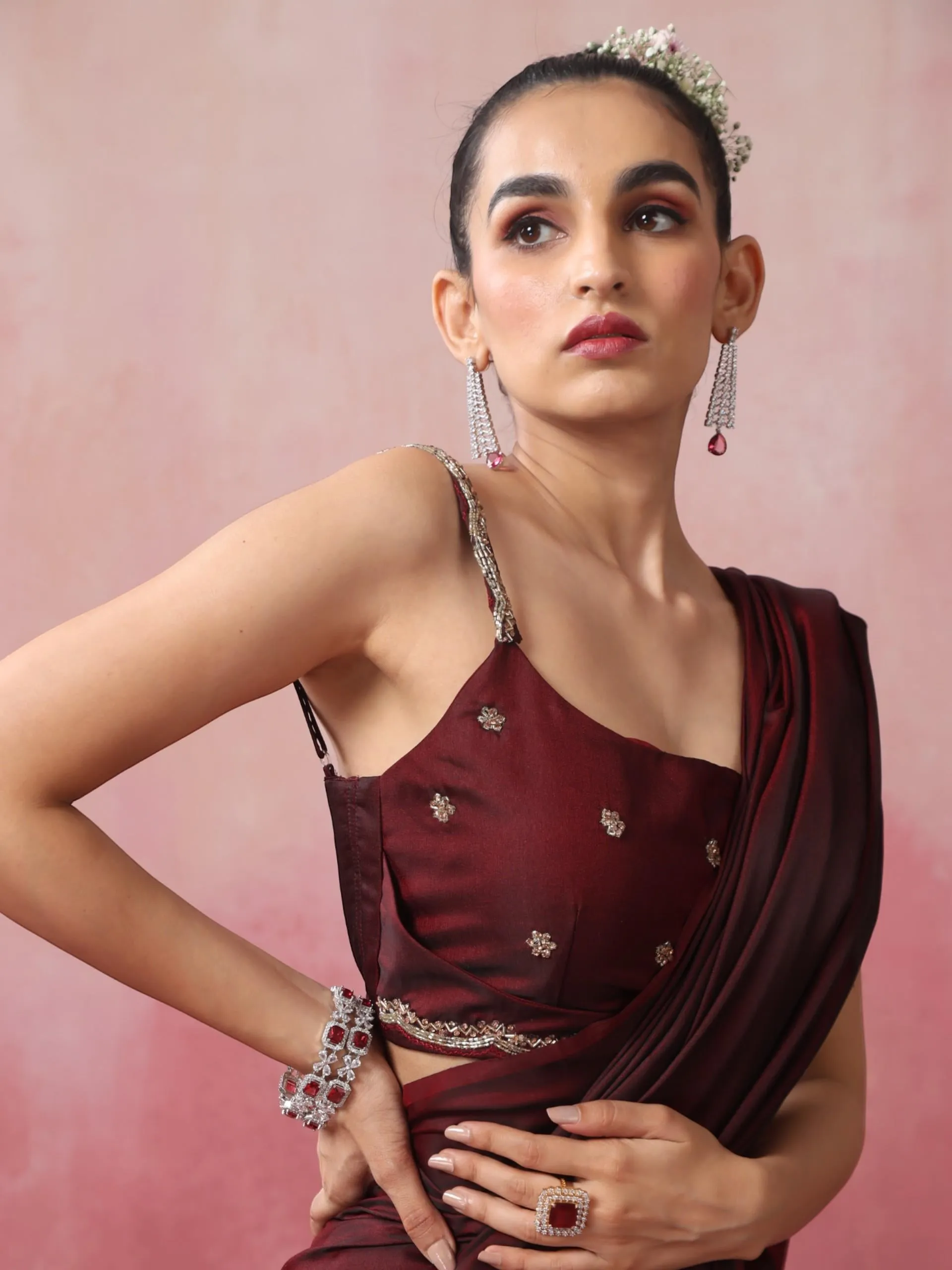Rosewood Satin Saree with Hand Embroidery Blouse Fabric