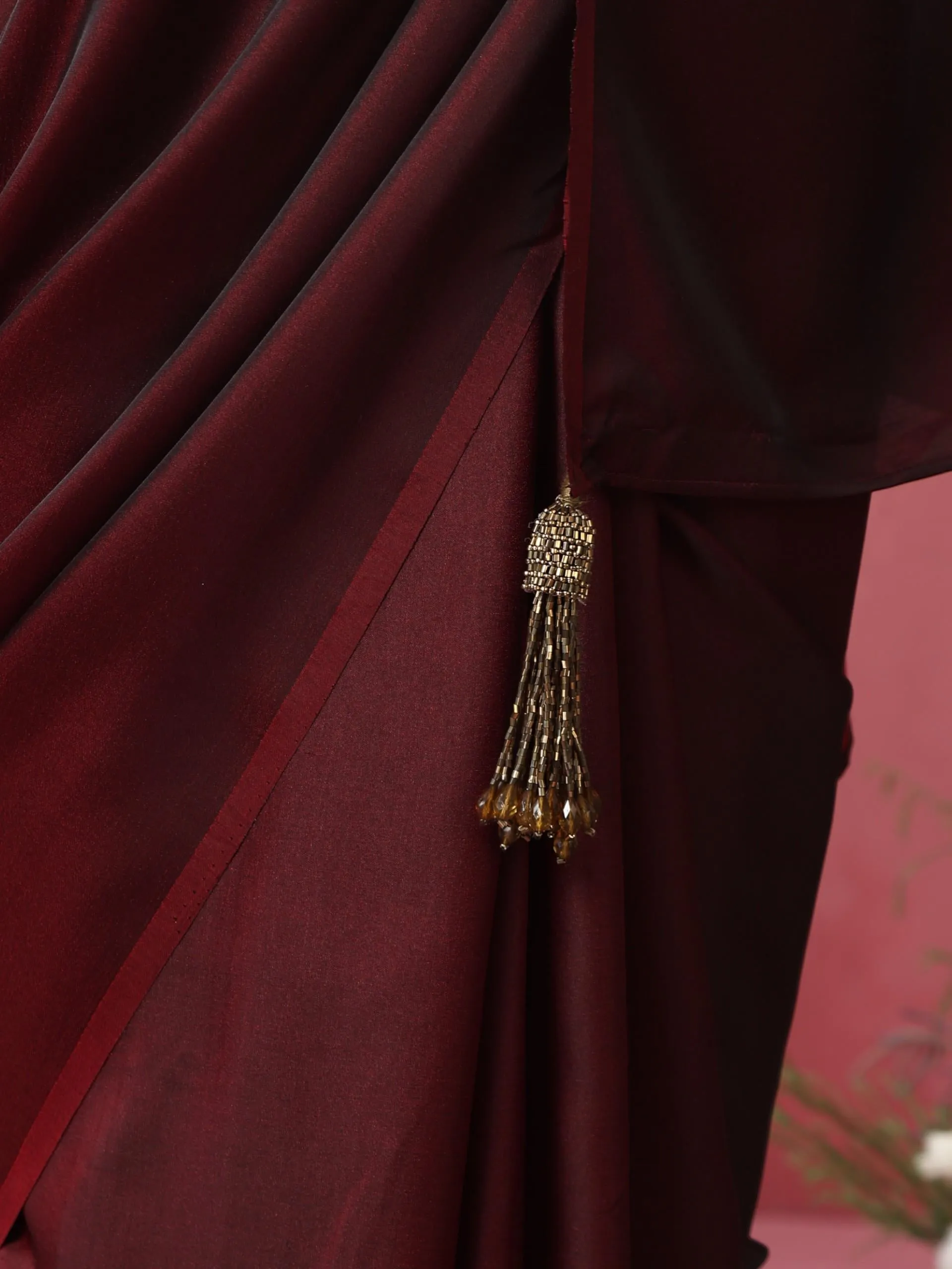 Rosewood Satin Saree with Hand Embroidery Blouse Fabric
