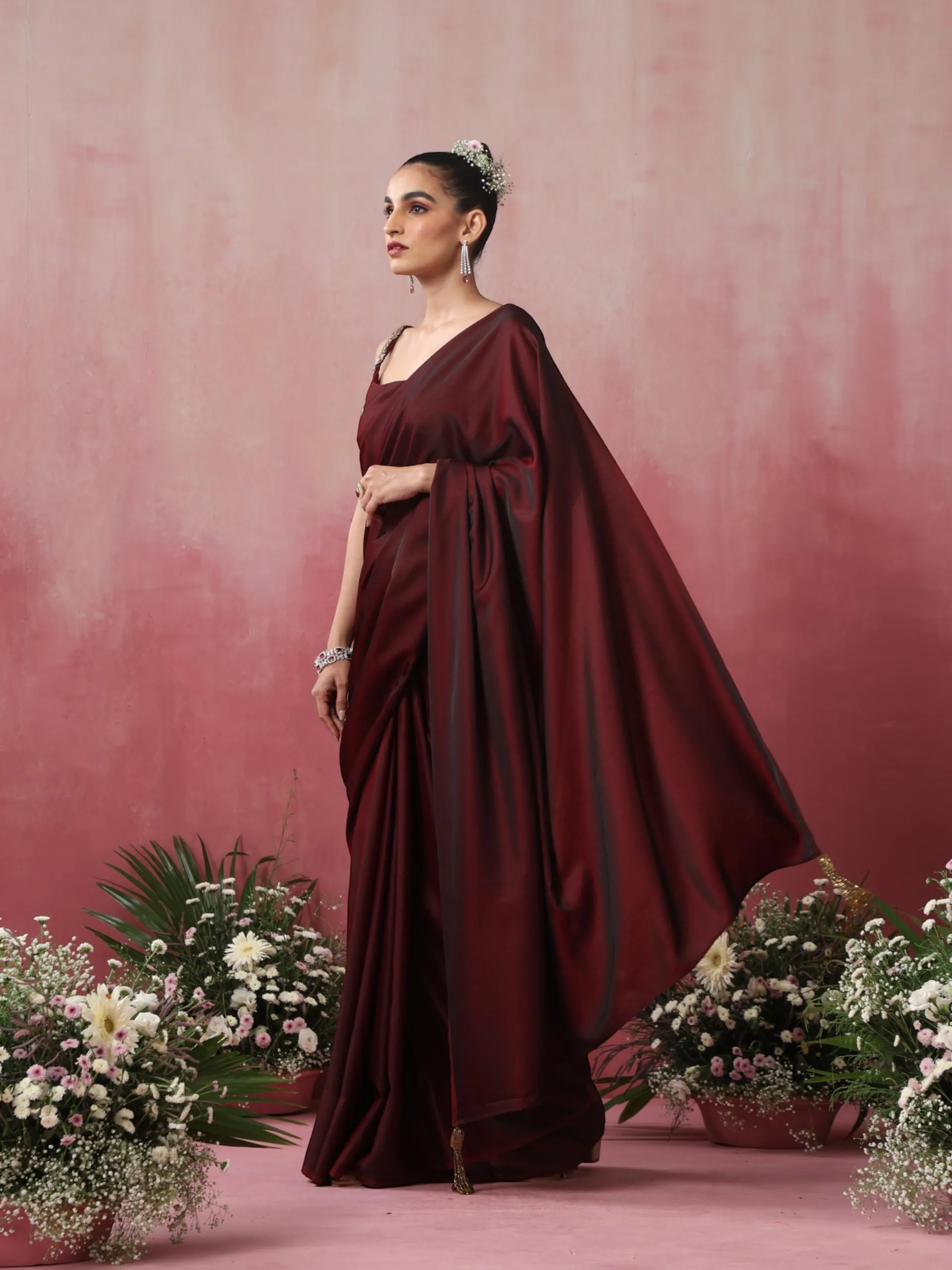 Rosewood Satin Saree with Hand Embroidery Blouse Fabric