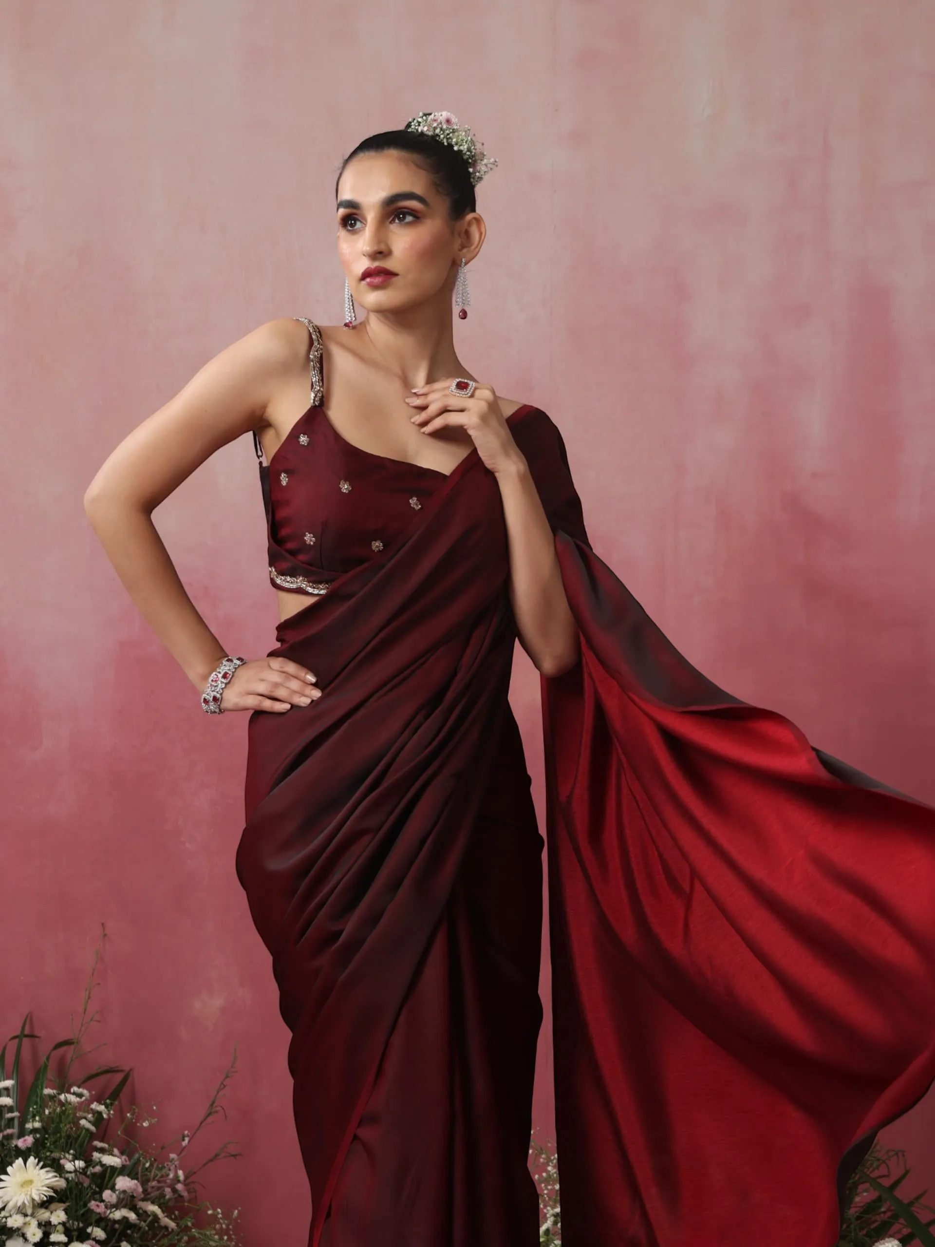 Rosewood Satin Saree with Hand Embroidery Blouse Fabric