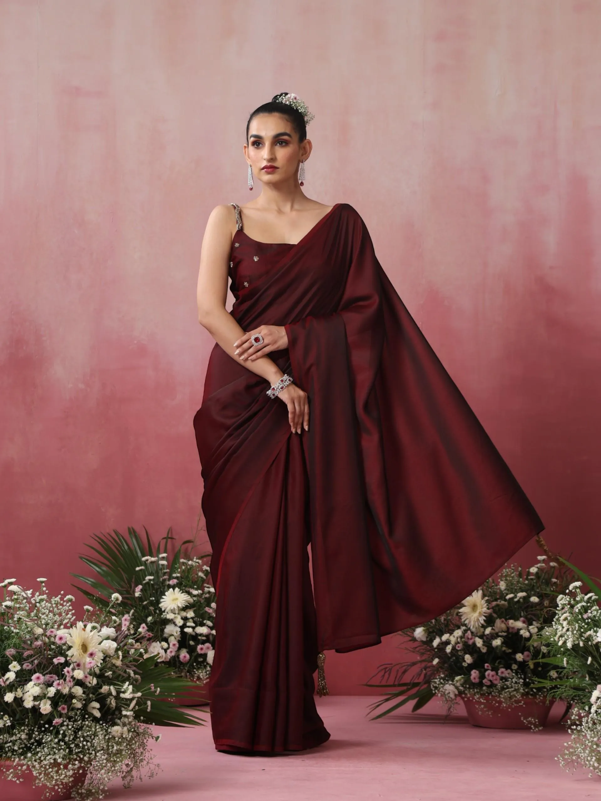 Rosewood Satin Saree with Hand Embroidery Blouse Fabric