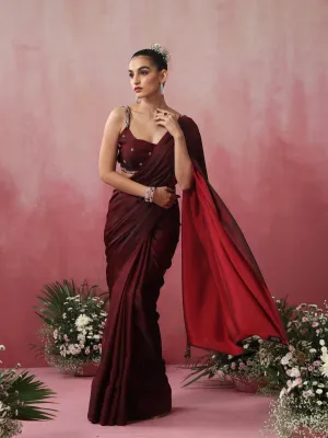 Rosewood Satin Saree with Hand Embroidery Blouse Fabric