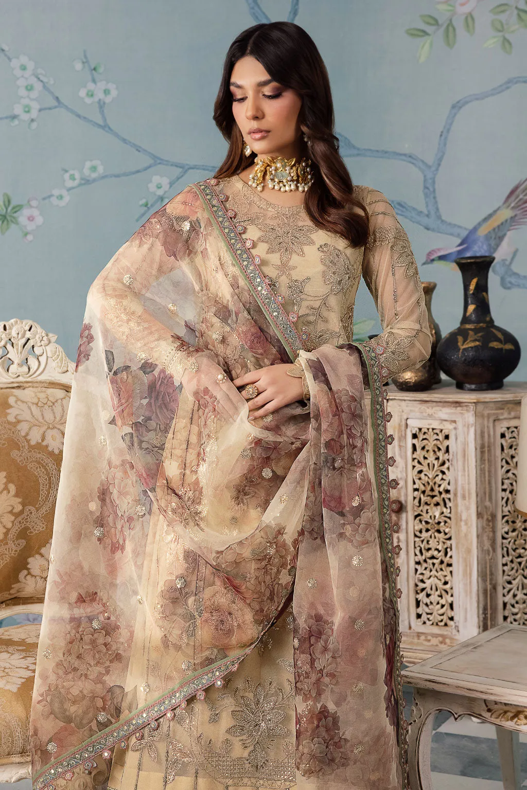 Royal Embroidered Skin Gold Pakistani Salwar Kameez Dupatta Suit