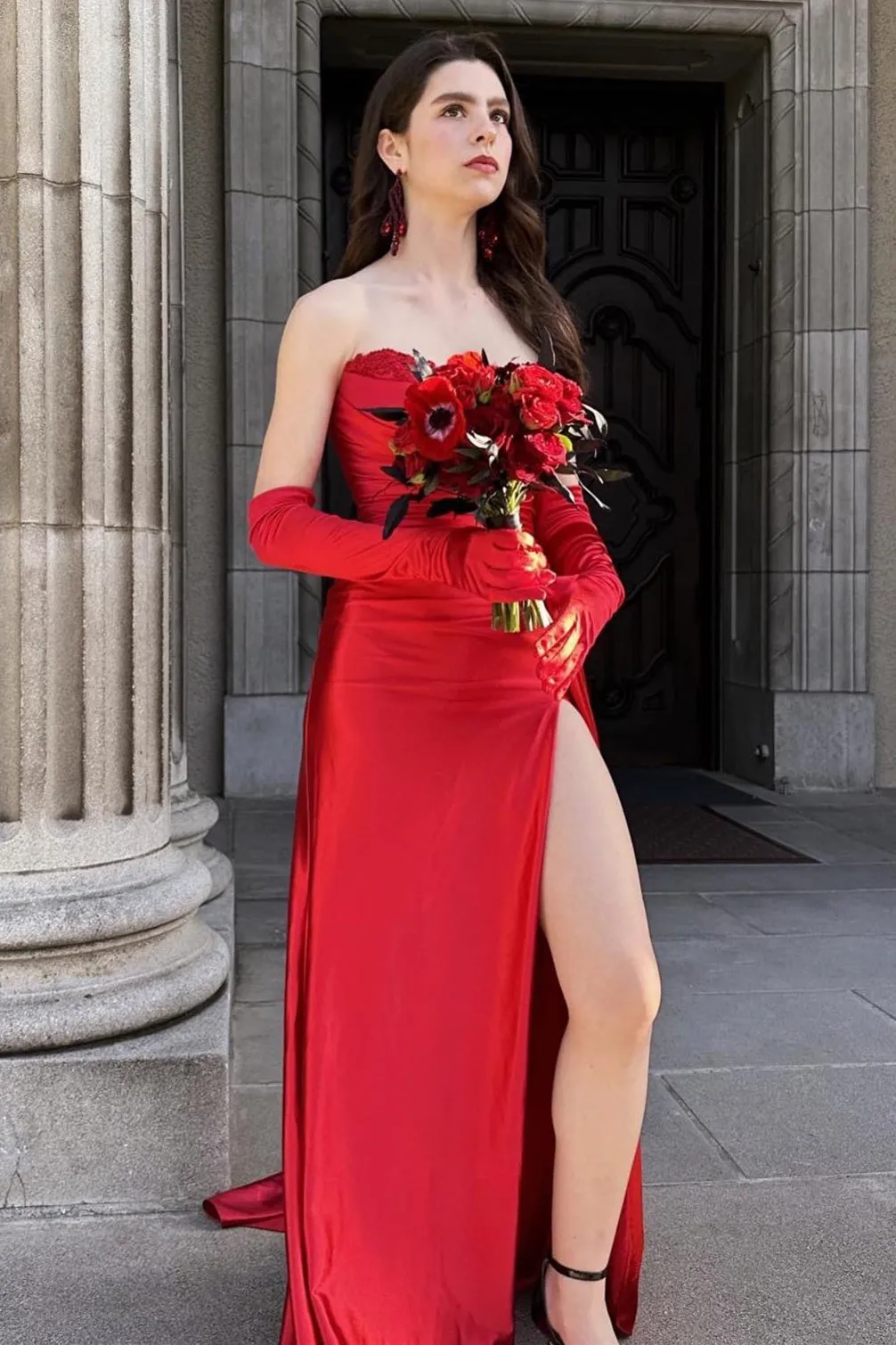 Roycebridal Fuchsia Strapless Mermaid Satin Pleated Long Prom Dress