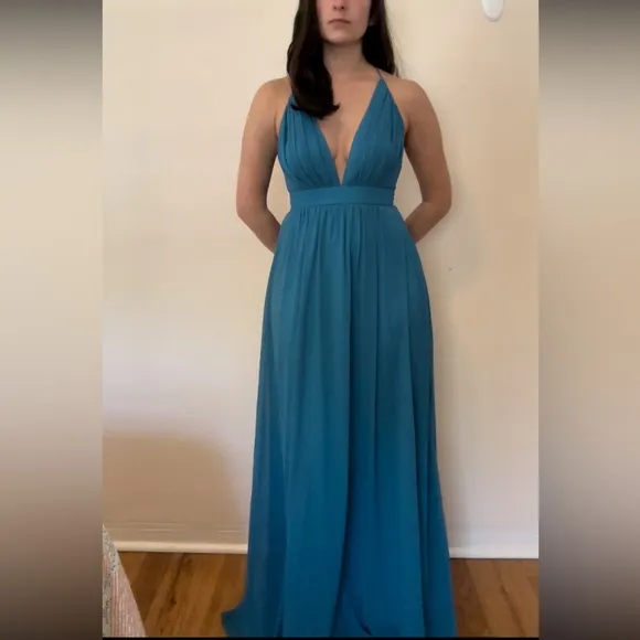 Rubber Ducky Pleated Blue V-Neck Maxi Dress