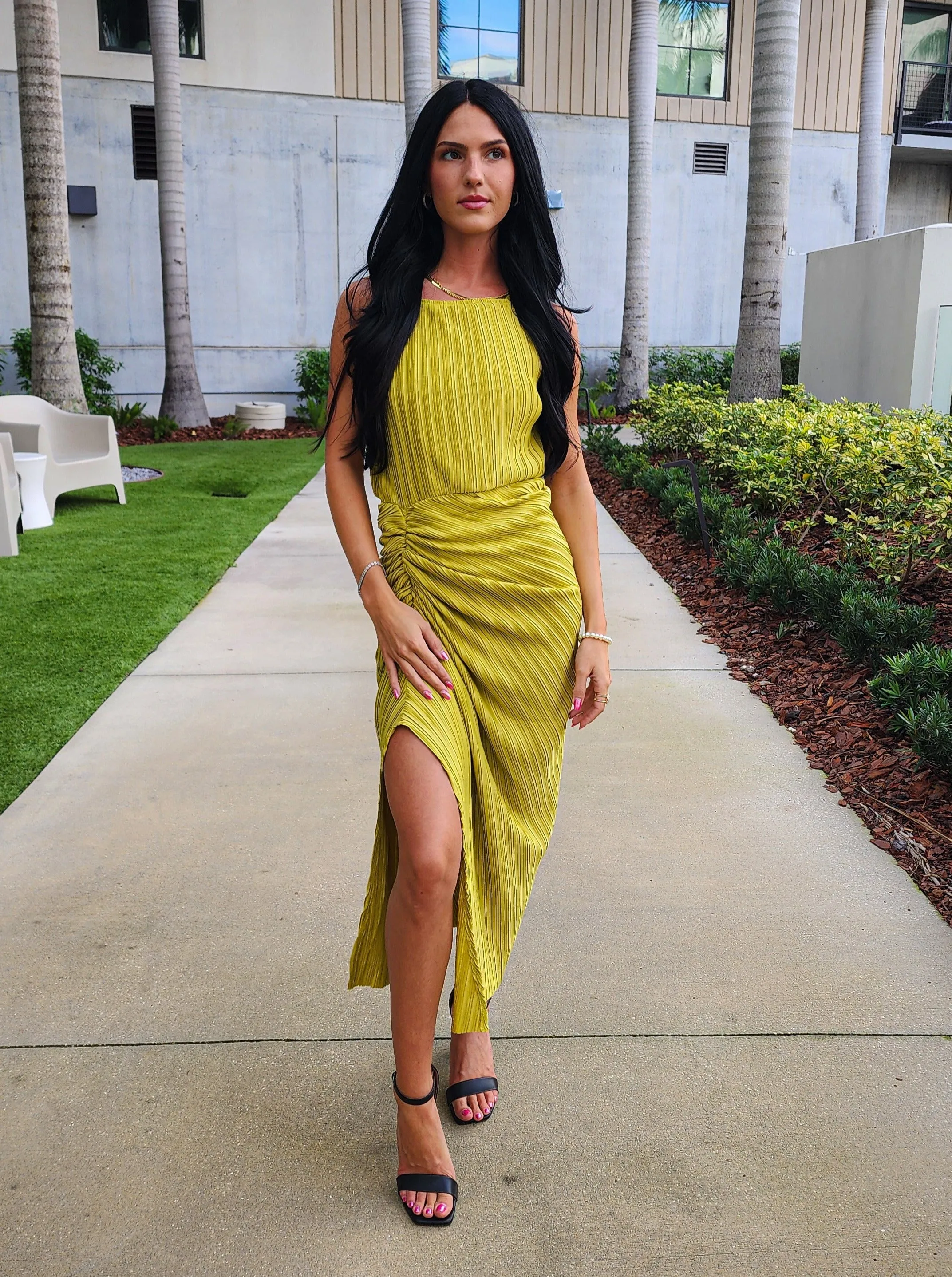 Ruched Pleated  Midi Dress