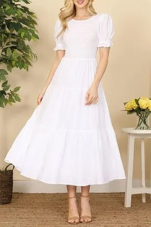 Ruffle sleeve smocked white dress