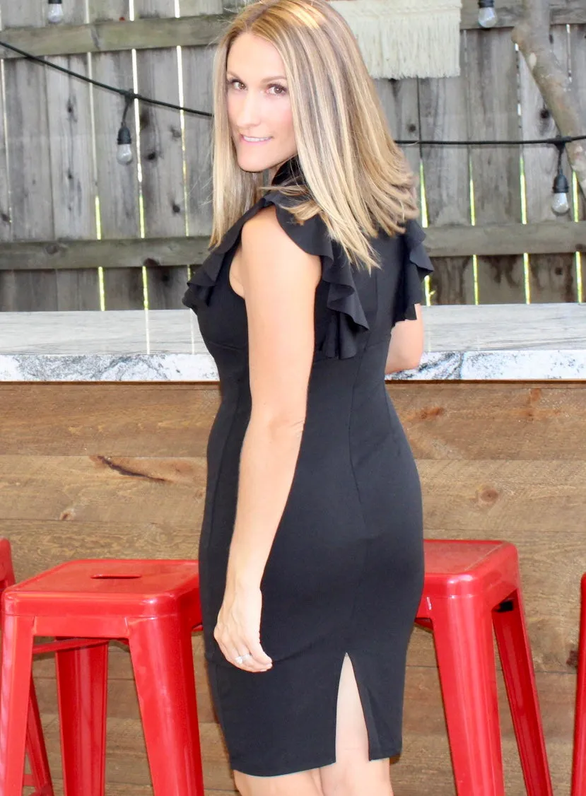 RUFFLE TRIM VENTED BLACK DRESS
