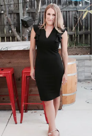 RUFFLE TRIM VENTED BLACK DRESS