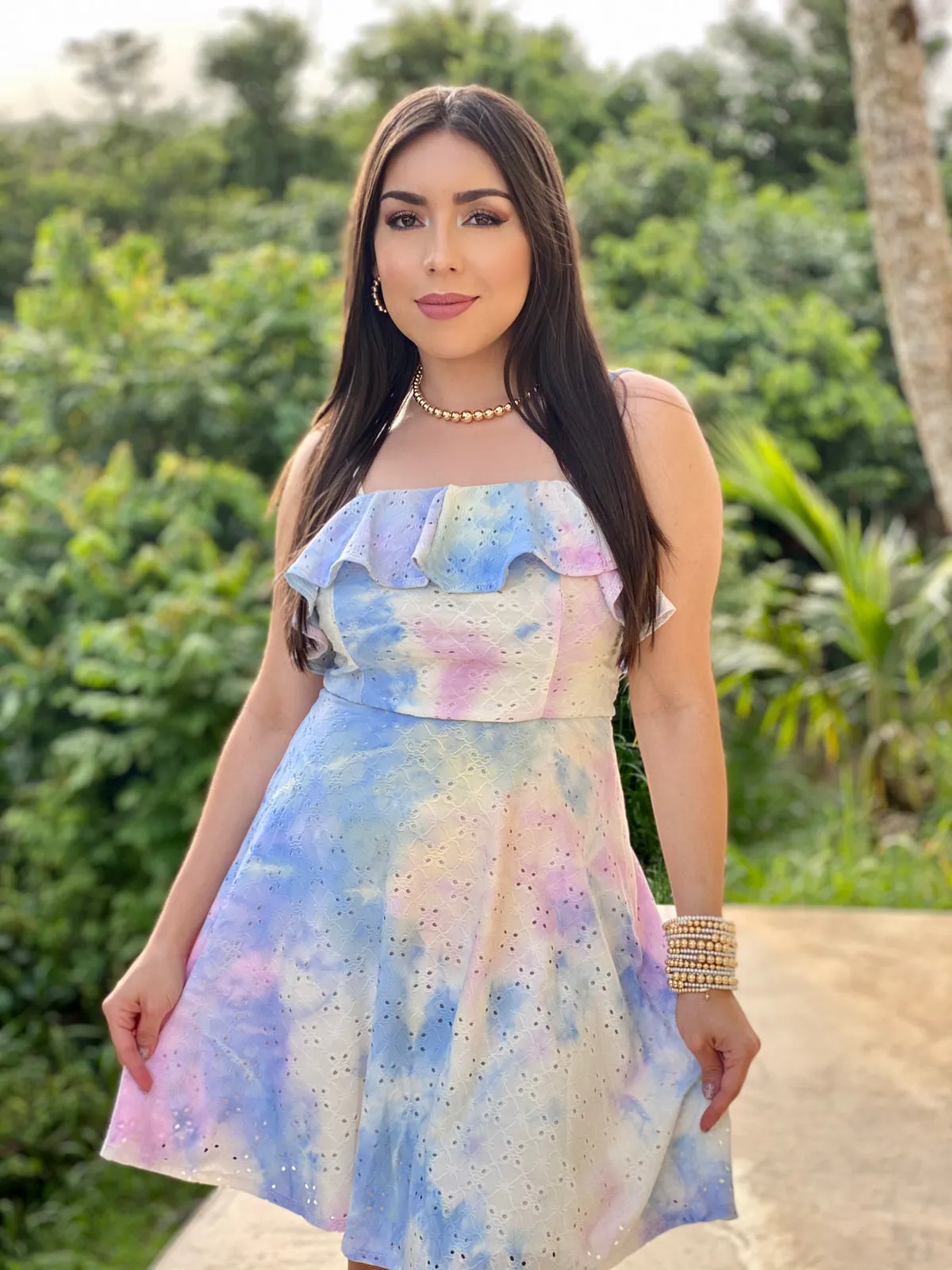 Ruffled Tie Dye Eyelet Dress