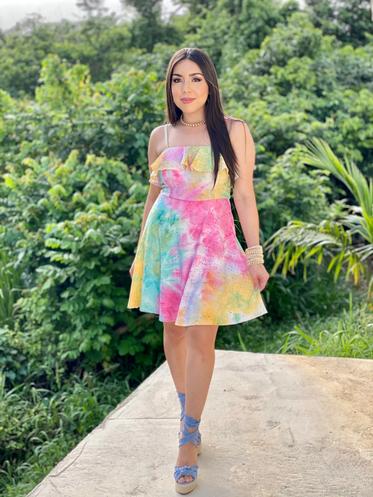 Ruffled Tie Dye Eyelet Dress