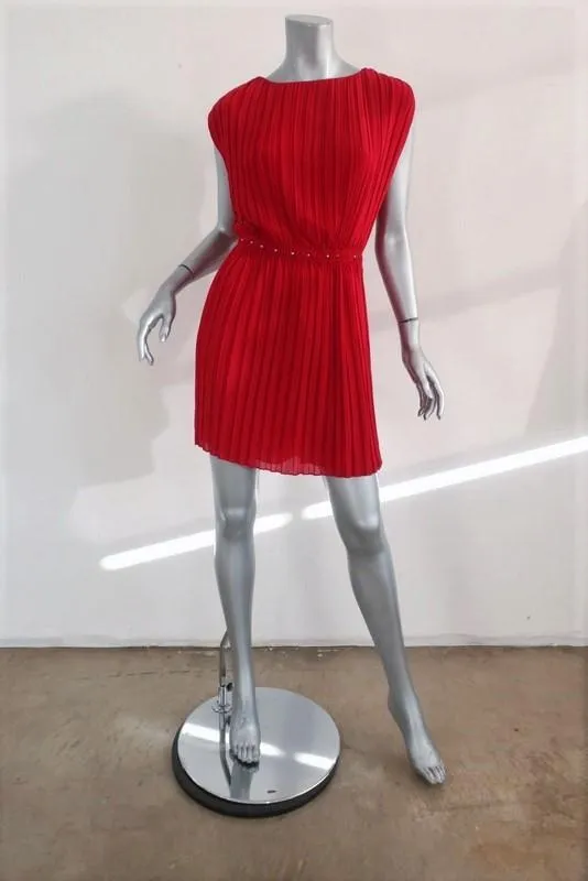 Saint Laurent Dress Red Pleated Washed Silk Georgette Size 40 Studded-Waist Mini