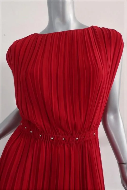 Saint Laurent Dress Red Pleated Washed Silk Georgette Size 40 Studded-Waist Mini