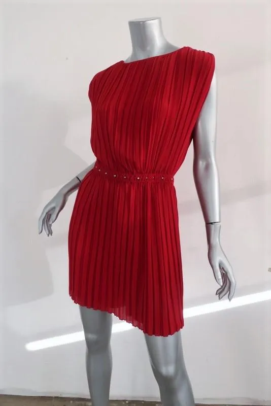 Saint Laurent Dress Red Pleated Washed Silk Georgette Size 40 Studded-Waist Mini