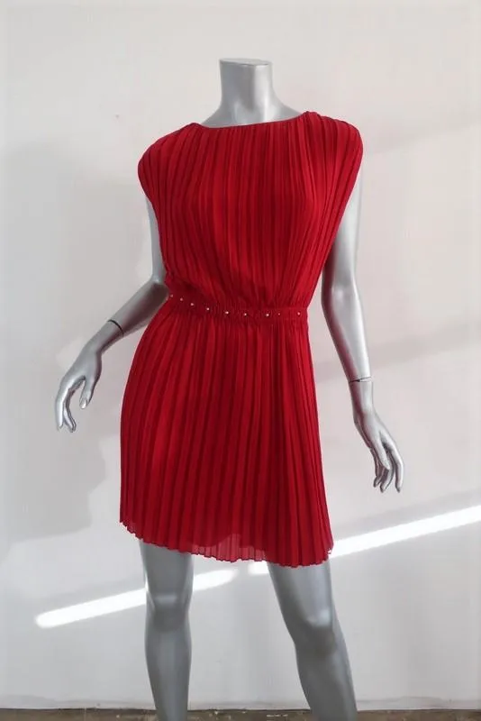 Saint Laurent Dress Red Pleated Washed Silk Georgette Size 40 Studded-Waist Mini