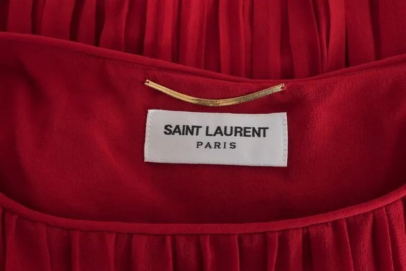 Saint Laurent Dress Red Pleated Washed Silk Georgette Size 40 Studded-Waist Mini